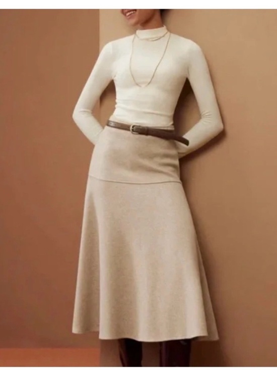 OGL Dresses & Skirts - OGL CashSoft Oatmeal Flared Maxi Skirt L Wool Like Knit Minimalist Quiet Luxury